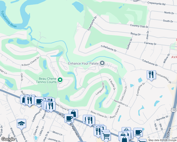 map of restaurants, bars, coffee shops, grocery stores, and more near 111 Grand Cheniere Drive in Mandeville