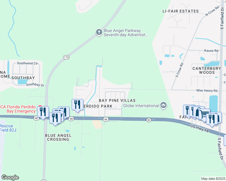 map of restaurants, bars, coffee shops, grocery stores, and more near 422 Bay Pine Villas Drive in Pensacola