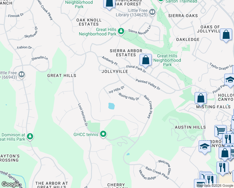 map of restaurants, bars, coffee shops, grocery stores, and more near 5909 Rising Hills Drive in Austin