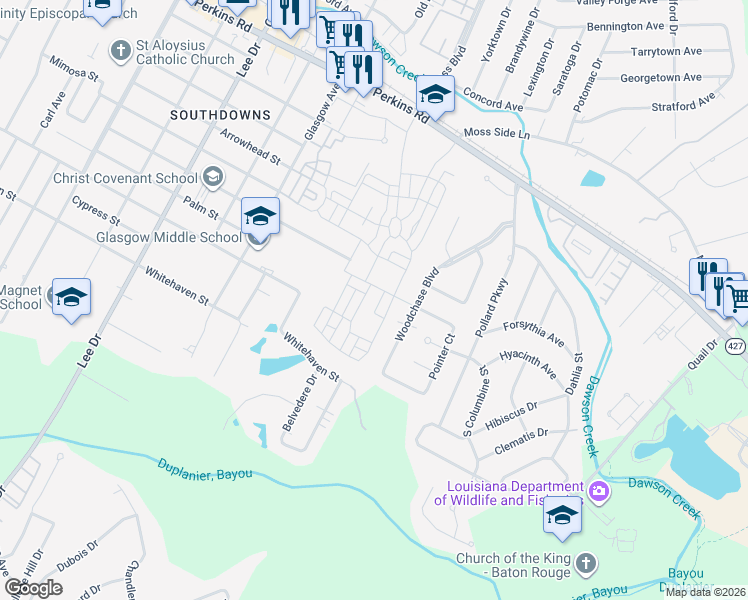 map of restaurants, bars, coffee shops, grocery stores, and more near 1725 Woodchase Boulevard in Baton Rouge