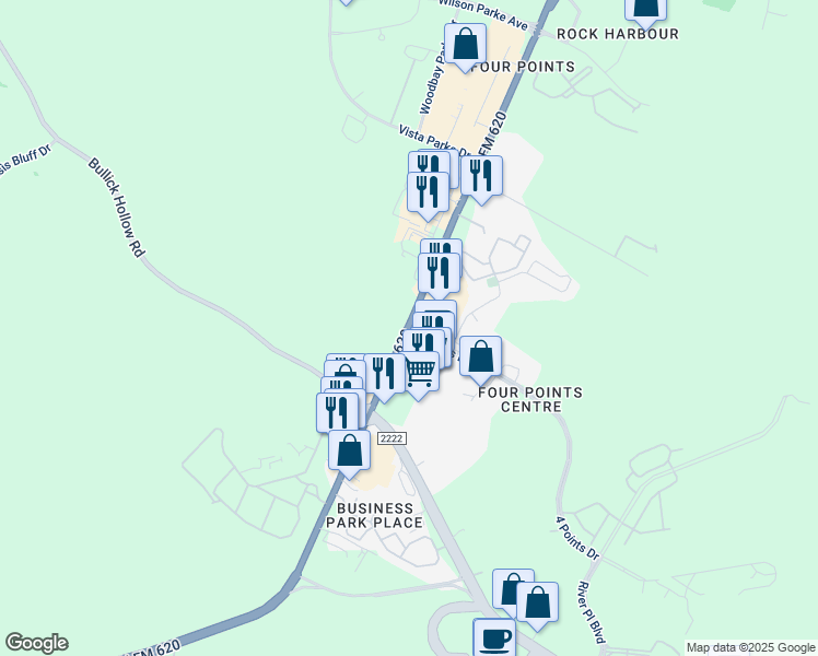 map of restaurants, bars, coffee shops, grocery stores, and more near 12632 4 Points Drive in Austin