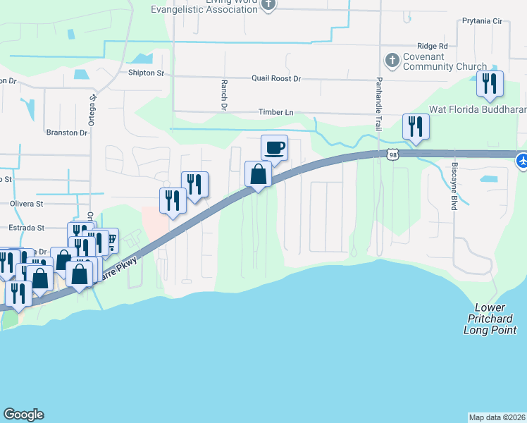 map of restaurants, bars, coffee shops, grocery stores, and more near 2006 Costa Verde Court in Navarre