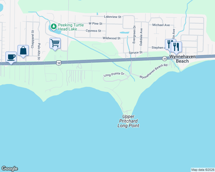 map of restaurants, bars, coffee shops, grocery stores, and more near 145 Shoreline Drive in Mary Esther