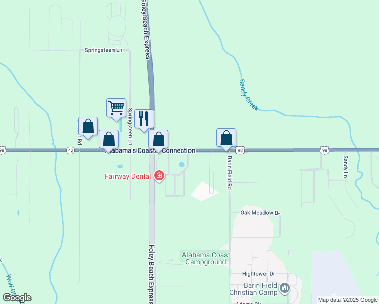 map of restaurants, bars, coffee shops, grocery stores, and more near 22300 Alabama 42 in Foley