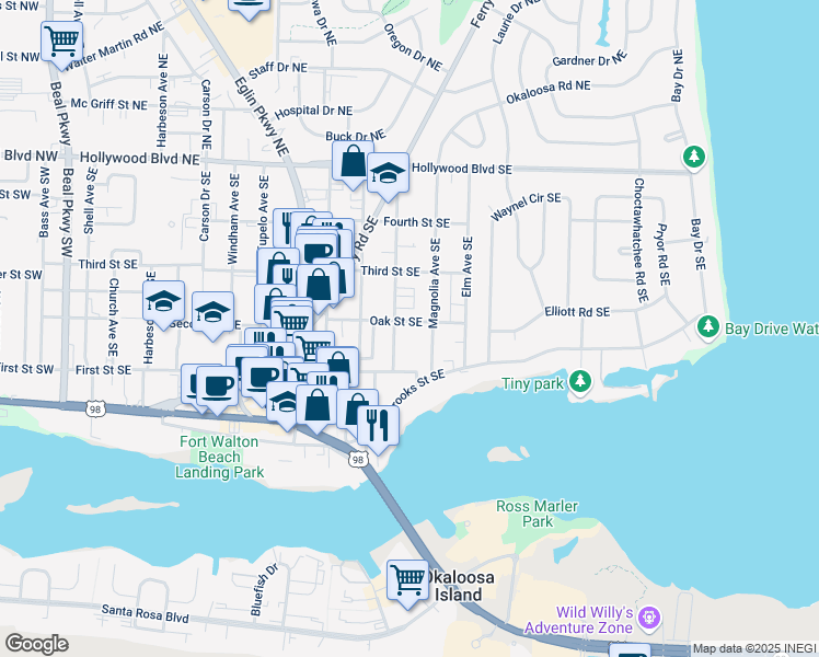 map of restaurants, bars, coffee shops, grocery stores, and more near 210 Oak Street Southeast in Fort Walton Beach