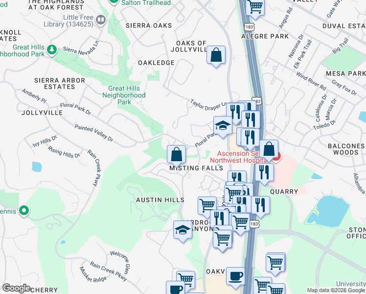 map of restaurants, bars, coffee shops, grocery stores, and more near 5302 Hanging Cliff Cove in Austin