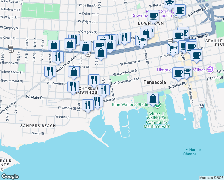 map of restaurants, bars, coffee shops, grocery stores, and more near 702 West Zarragossa Street in Pensacola