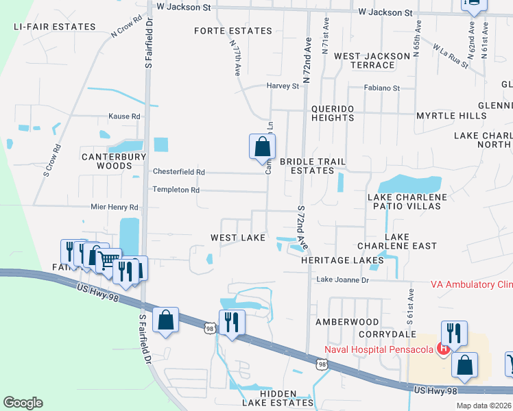 map of restaurants, bars, coffee shops, grocery stores, and more near 7230 Mier Henry Road in Pensacola