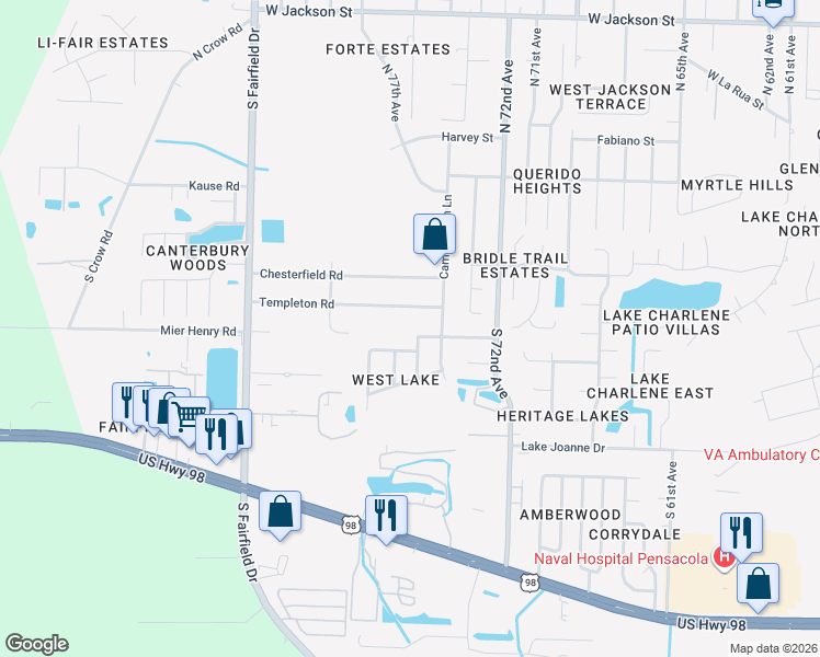 map of restaurants, bars, coffee shops, grocery stores, and more near 7408 Saint James Place in Pensacola
