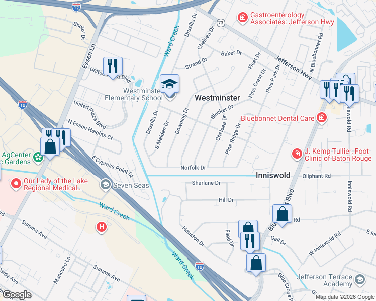 map of restaurants, bars, coffee shops, grocery stores, and more near 4663 Fleet Drive in Baton Rouge