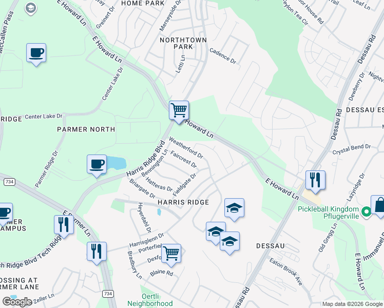 map of restaurants, bars, coffee shops, grocery stores, and more near 1205 Weatherford Drive in Austin