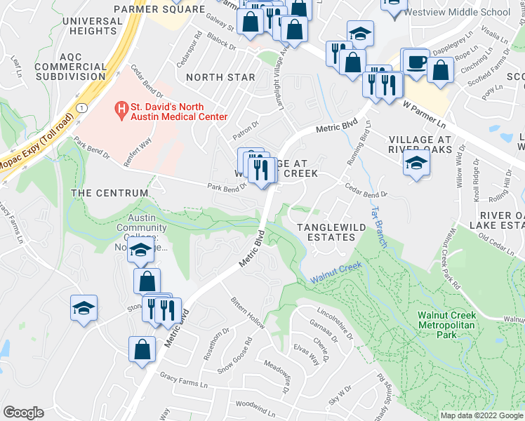 map of restaurants, bars, coffee shops, grocery stores, and more near 12166 Metric Boulevard in Austin