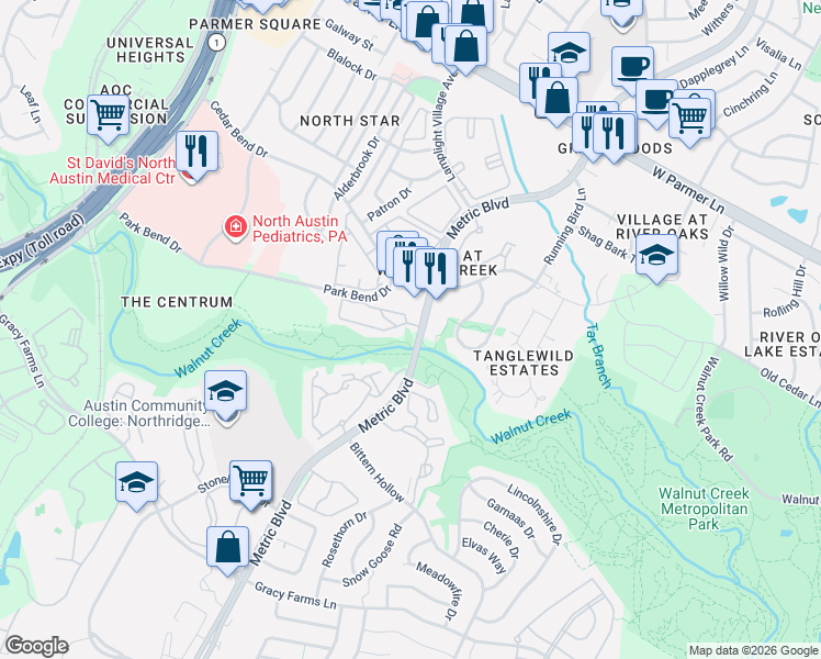 map of restaurants, bars, coffee shops, grocery stores, and more near 12166 Metric Boulevard in Austin