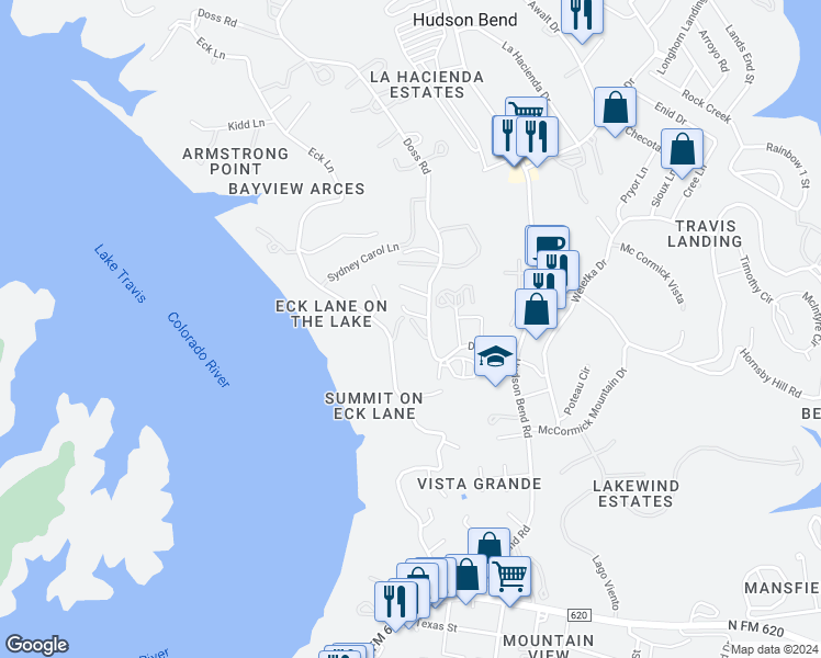 map of restaurants, bars, coffee shops, grocery stores, and more near 4307 Eck Lane in Austin
