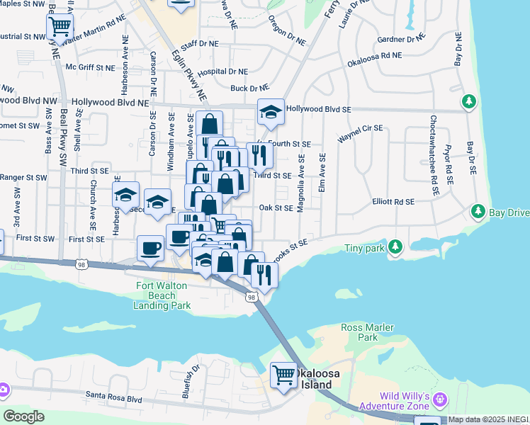map of restaurants, bars, coffee shops, grocery stores, and more near 129 Scottwood Drive Southeast in Fort Walton Beach
