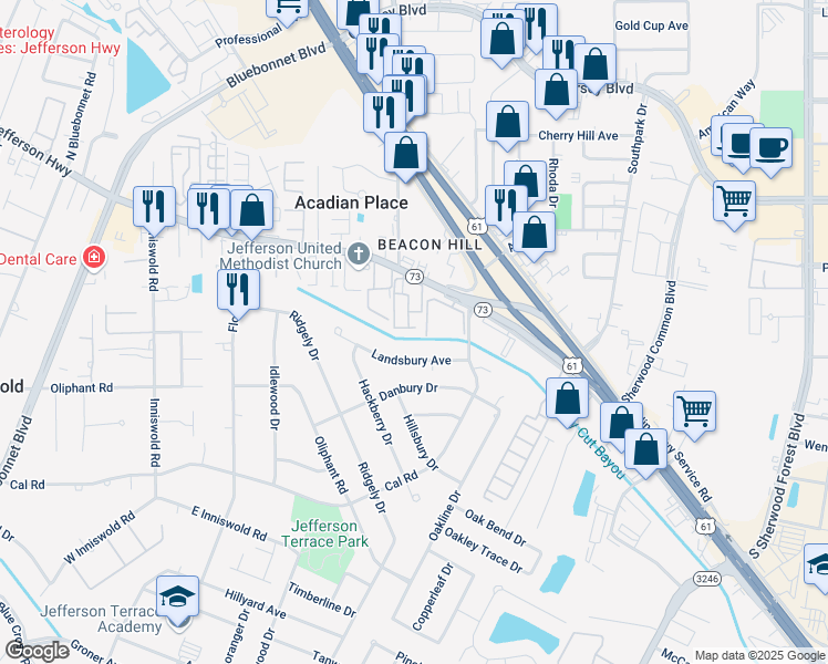 map of restaurants, bars, coffee shops, grocery stores, and more near 10436 Jefferson Highway in Baton Rouge