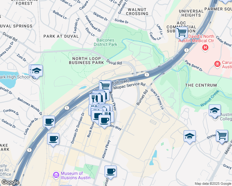 map of restaurants, bars, coffee shops, grocery stores, and more near 11901 North Mopac Expressway in Austin