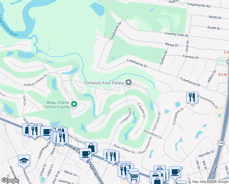 map of restaurants, bars, coffee shops, grocery stores, and more near 111 Grand Cheniere Drive in Mandeville