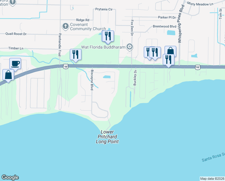 map of restaurants, bars, coffee shops, grocery stores, and more near 9383 Vandivere Drive in Navarre