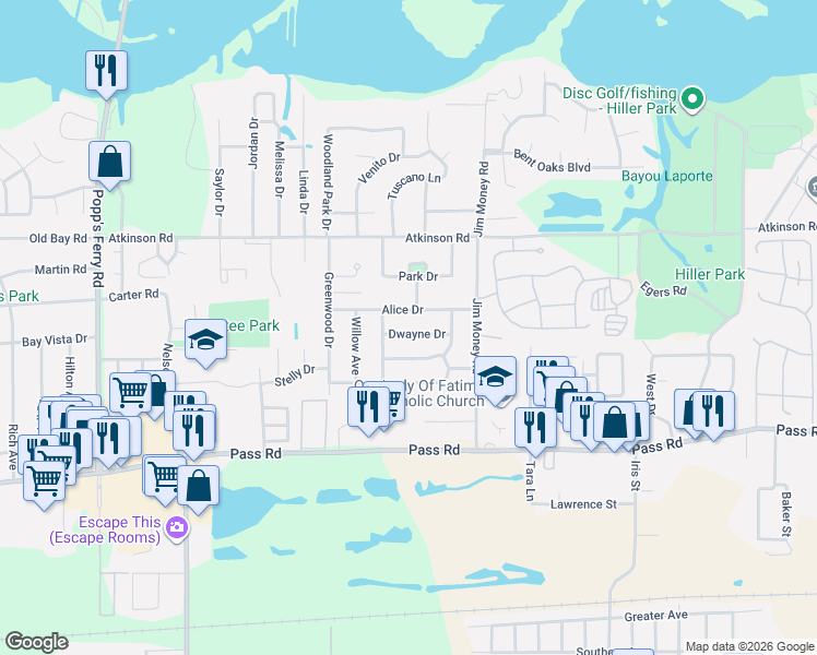 map of restaurants, bars, coffee shops, grocery stores, and more near 2134 Dwayne Drive in Biloxi