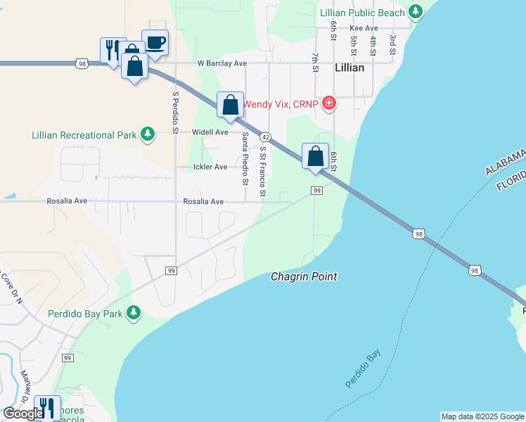 map of restaurants, bars, coffee shops, grocery stores, and more near 12413 County Road 99 in Lillian