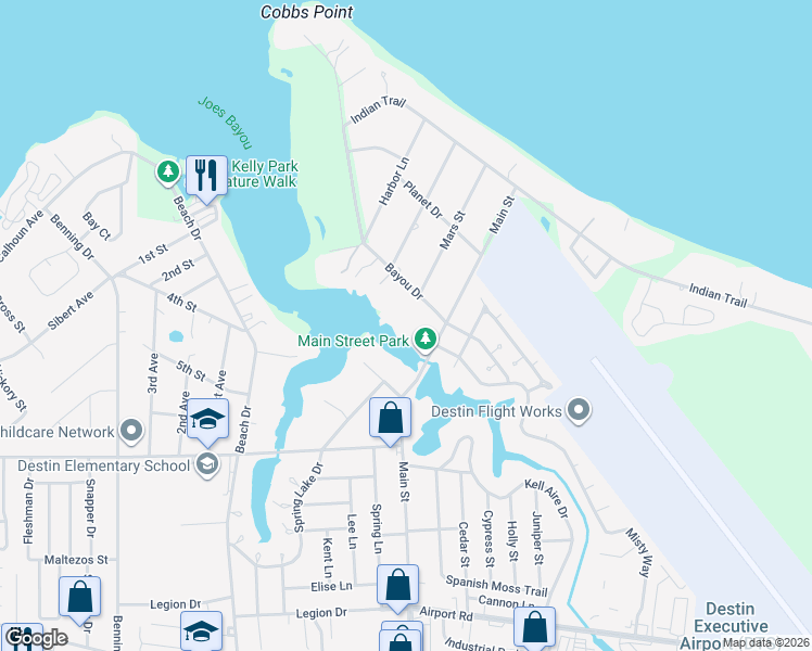 map of restaurants, bars, coffee shops, grocery stores, and more near 709 Bayou Drive in Destin
