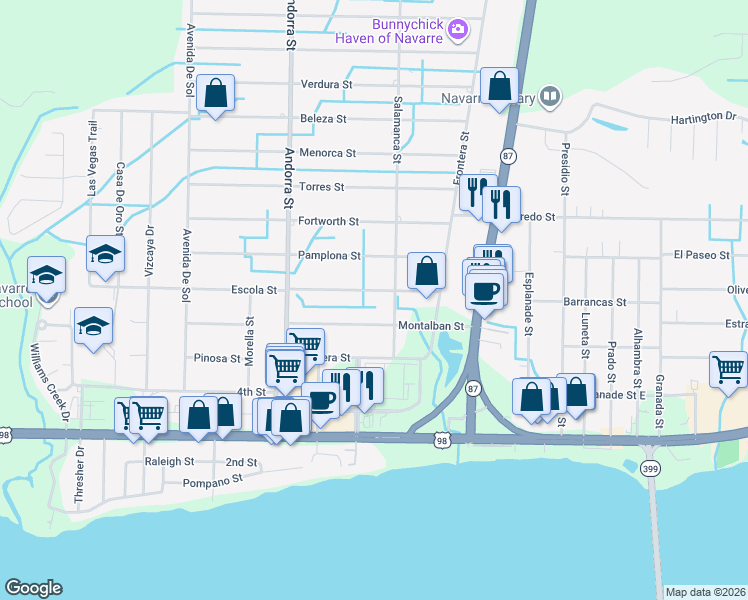 map of restaurants, bars, coffee shops, grocery stores, and more near 8151 Escola Street in Navarre