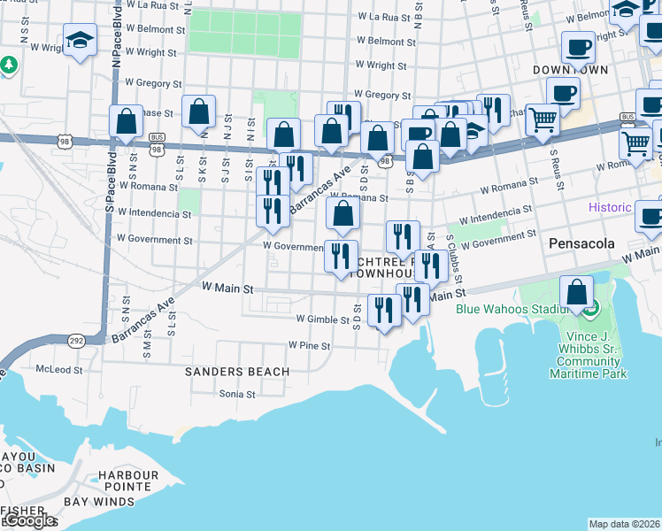 map of restaurants, bars, coffee shops, grocery stores, and more near 413 South E Street in Pensacola