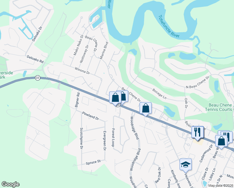 map of restaurants, bars, coffee shops, grocery stores, and more near 106 Pecaniere Place in Mandeville
