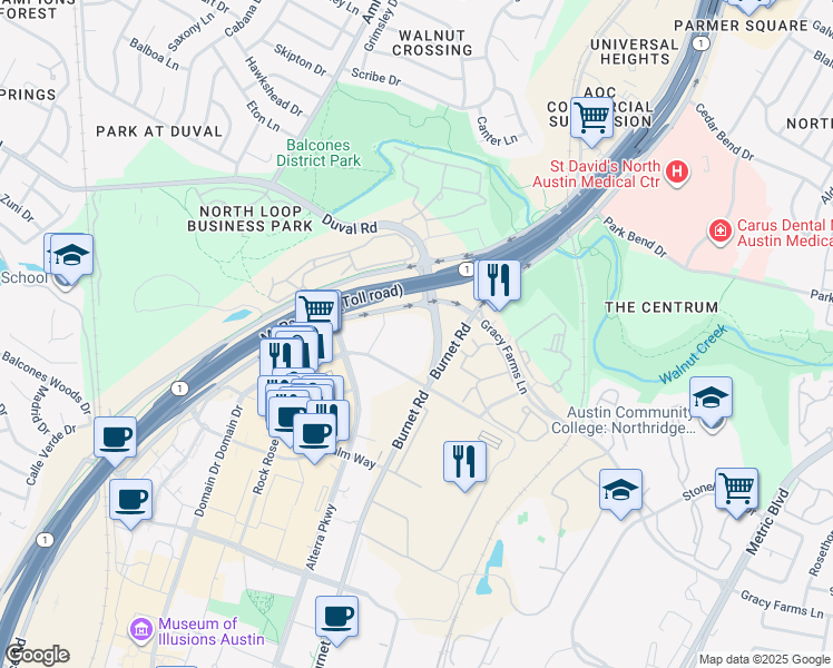 map of restaurants, bars, coffee shops, grocery stores, and more near 11902 Burnet Road in Austin