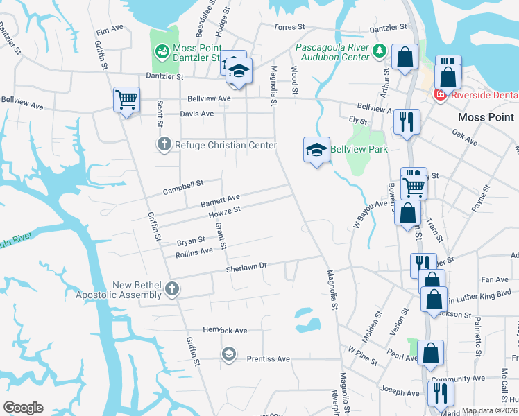 map of restaurants, bars, coffee shops, grocery stores, and more near 3734 Howze Street in Moss Point