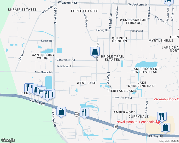 map of restaurants, bars, coffee shops, grocery stores, and more near 7408 Saint James Place in Pensacola