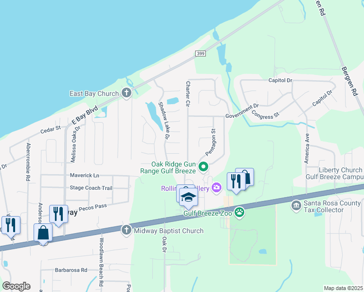 map of restaurants, bars, coffee shops, grocery stores, and more near 5599 Meadow Creek Place in Gulf Breeze