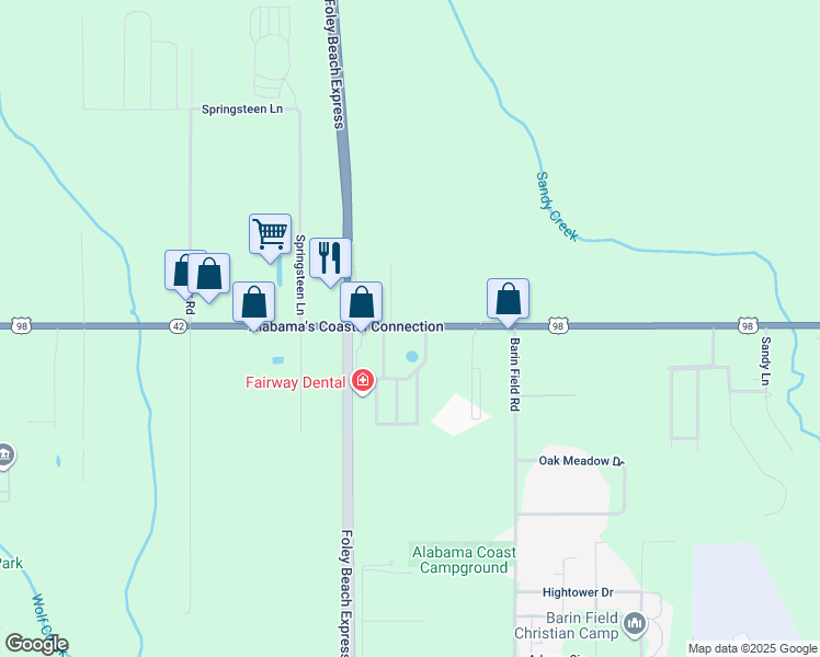 map of restaurants, bars, coffee shops, grocery stores, and more near 22300 Alabama 42 in Foley