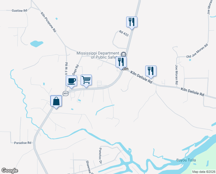map of restaurants, bars, coffee shops, grocery stores, and more near 16299 Slade Road in Kiln