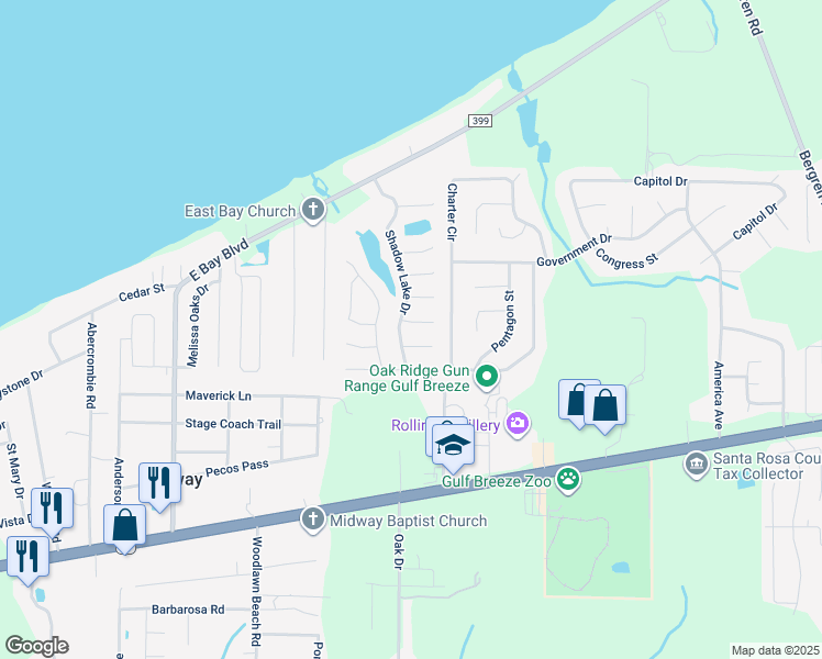 map of restaurants, bars, coffee shops, grocery stores, and more near 5567 Meadow Creek Place in Gulf Breeze