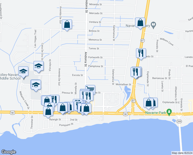 map of restaurants, bars, coffee shops, grocery stores, and more near 8265 Escola Street in Navarre