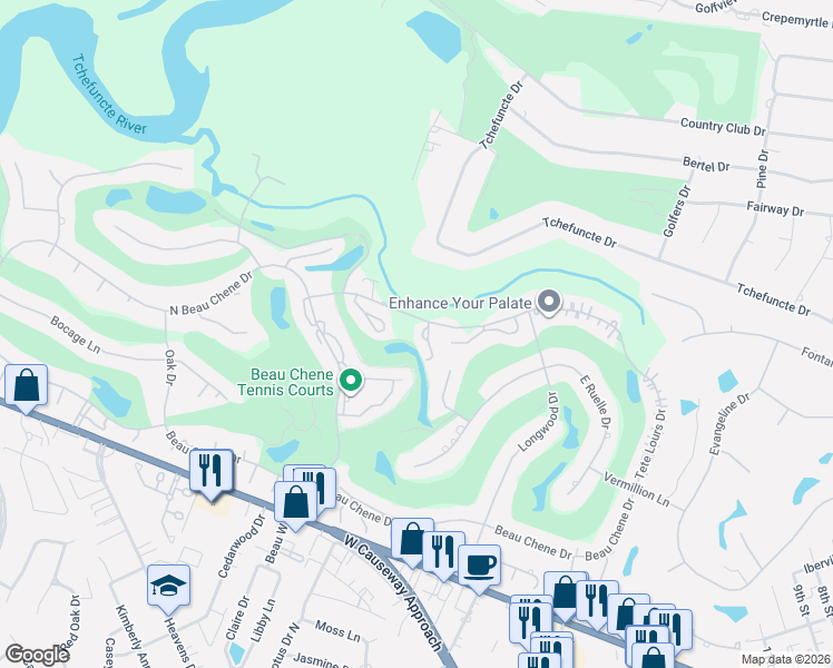 map of restaurants, bars, coffee shops, grocery stores, and more near 104 Grand Cheniere in Mandeville