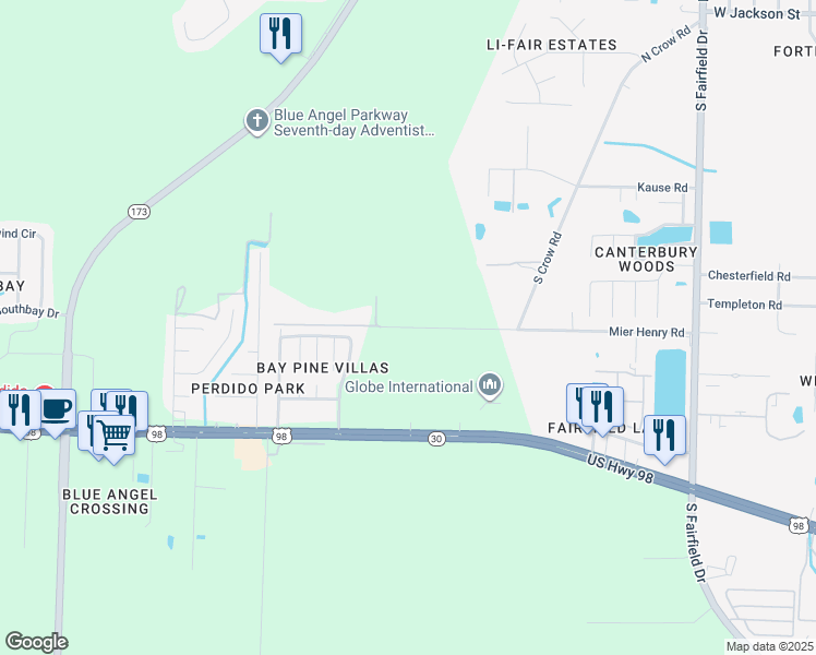 map of restaurants, bars, coffee shops, grocery stores, and more near 8613 Mier Henry Road in Pensacola