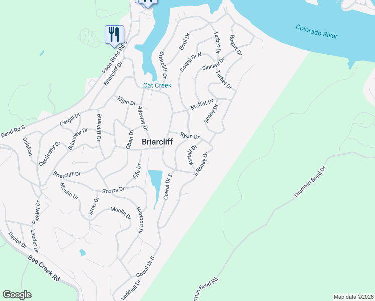 map of restaurants, bars, coffee shops, grocery stores, and more near 300 Kintail Drive in Briarcliff