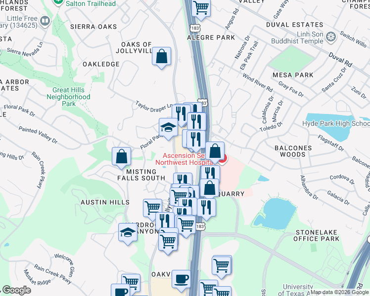 map of restaurants, bars, coffee shops, grocery stores, and more near 11150 Research Boulevard in Austin