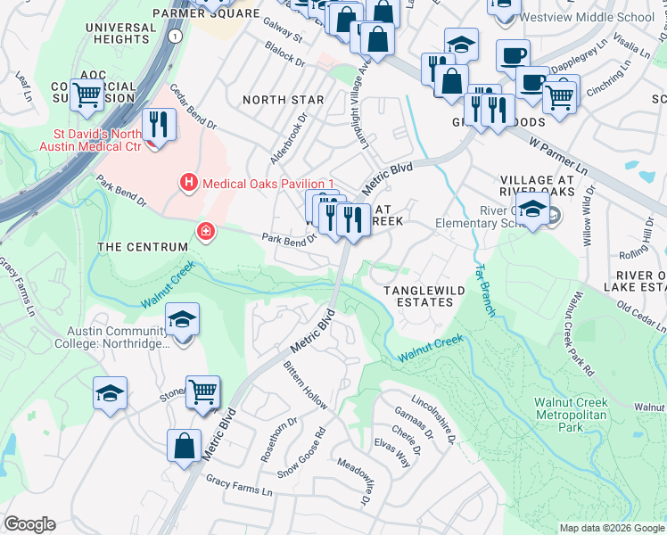 map of restaurants, bars, coffee shops, grocery stores, and more near 12166 Metric Boulevard in Austin