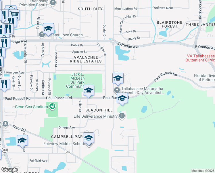 map of restaurants, bars, coffee shops, grocery stores, and more near 3104 Pontiac Drive in Tallahassee