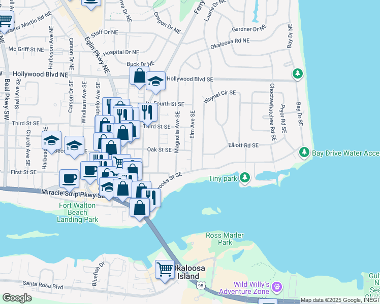 map of restaurants, bars, coffee shops, grocery stores, and more near 127 Magnolia Avenue Southeast in Fort Walton Beach