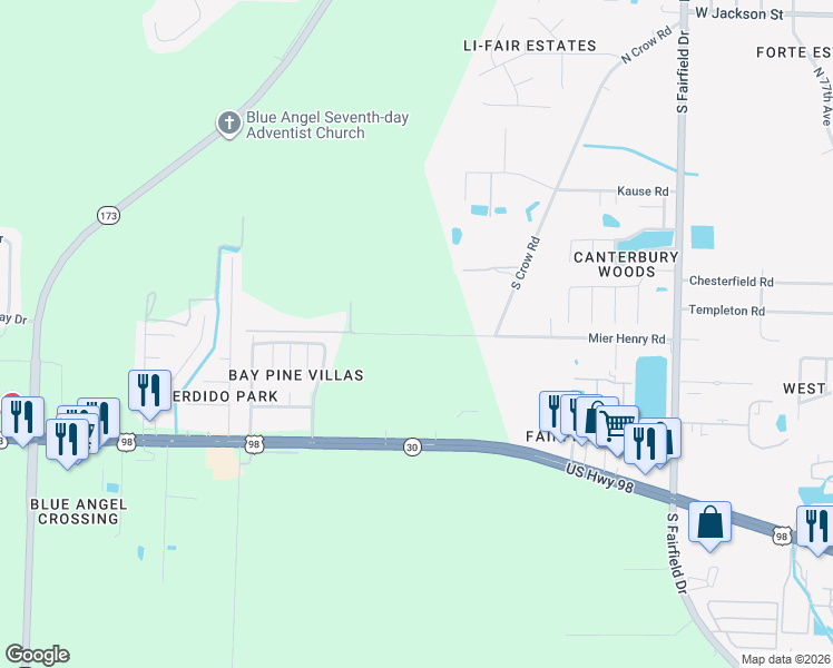 map of restaurants, bars, coffee shops, grocery stores, and more near 8440 Mier Henry Road in Pensacola