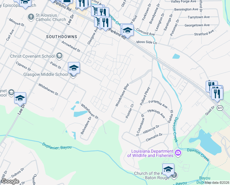 map of restaurants, bars, coffee shops, grocery stores, and more near 1700 Dauphine Street in Baton Rouge