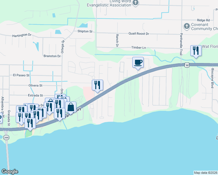 map of restaurants, bars, coffee shops, grocery stores, and more near 8956-8972 Navarre Parkway in Navarre