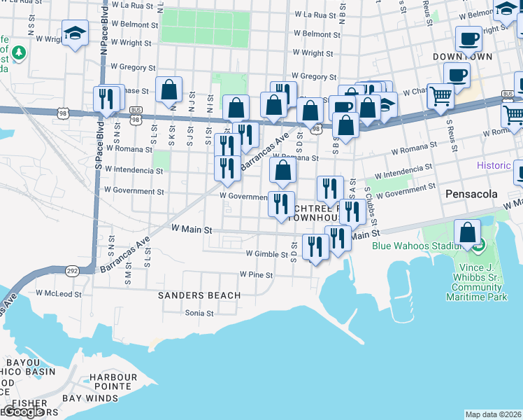map of restaurants, bars, coffee shops, grocery stores, and more near 1301 Zarragossa Street in Pensacola