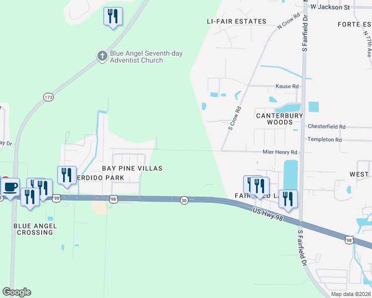map of restaurants, bars, coffee shops, grocery stores, and more near 8440 Mier Henry Road in Pensacola