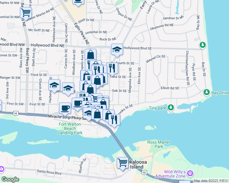 map of restaurants, bars, coffee shops, grocery stores, and more near 123 Scottwood Drive Southeast in Fort Walton Beach